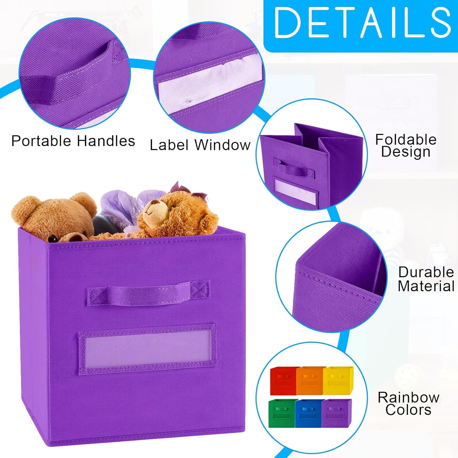 18Pcs Colorful Cube Storage Bin 11in Rainbow Fabric Cube Basket with Label Window and Handle Fun Colored Foldable Storage Cube for Toy Storage Nursery Classroom Living Room (Bright Color)