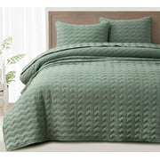 Chezmoi Collection Destiny 3-Piece Sage Queen Size Quilt Set - Stone-Washed Soft Microfiber Lightweight Quilted Bedspread Coverlet Set for All Seasons Wavy Line Stitching