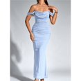 thumbnail image 4 of Vestido Maxi con Hombros Descubiertos, Corsé Fruncido, Ajustado, Vestidos Formales para Invitadas de Boda para Mujeres Azul S, 4 of 8