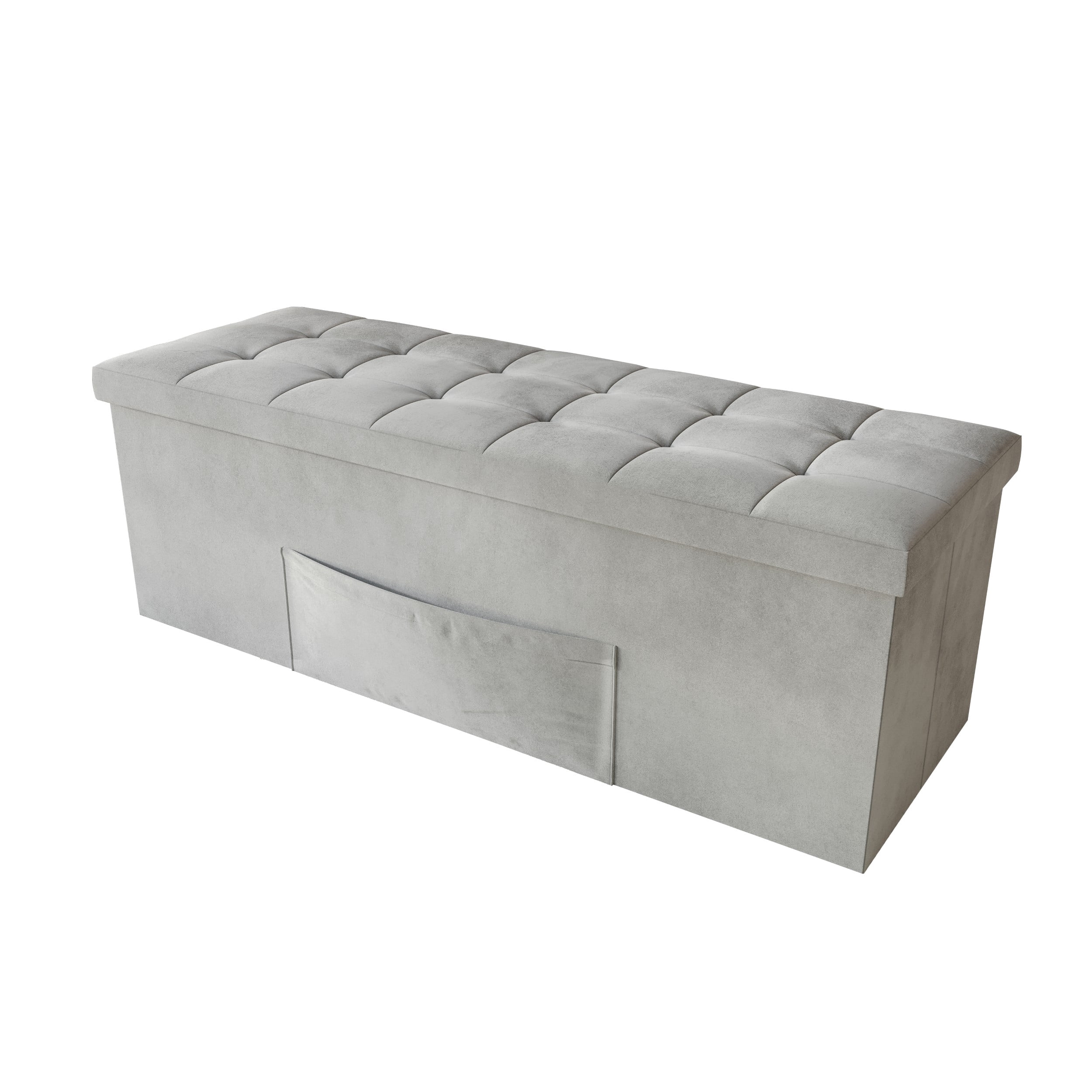 Home Design Chico 42" Tufted Upholstered Folding Storage Bench with Deep Cushion and Front Pocket, Multi-Purpose Rectangular Design for Bedroom, Entryway, or Living Room, Light Gray