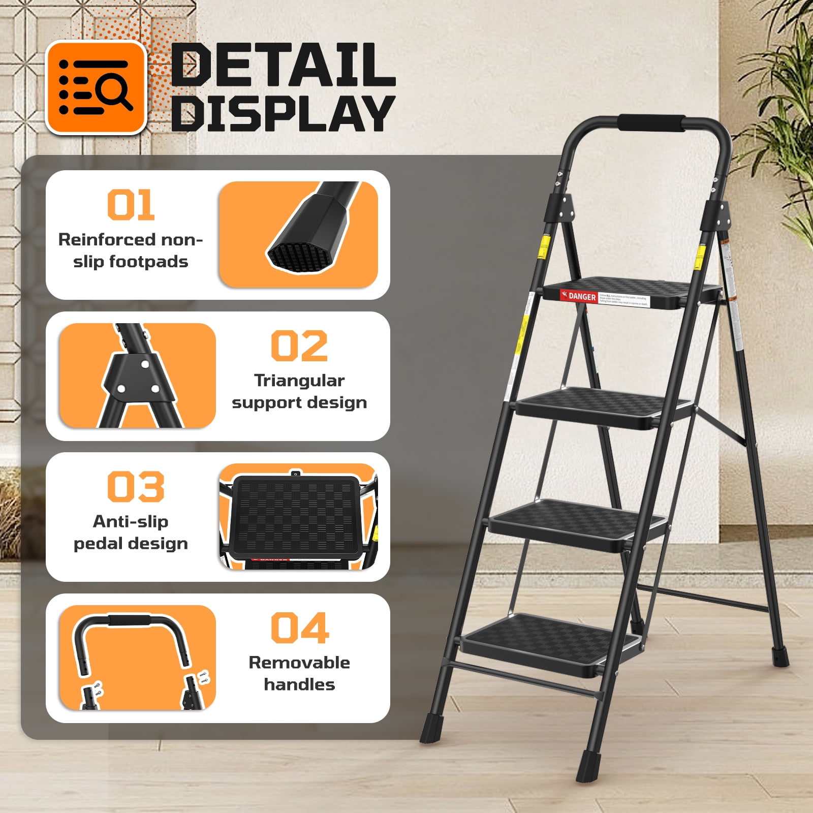LevLad 4 Step Folding Ladder, Anti-Slip Step Stool with Safety Lock for Home Use, Black