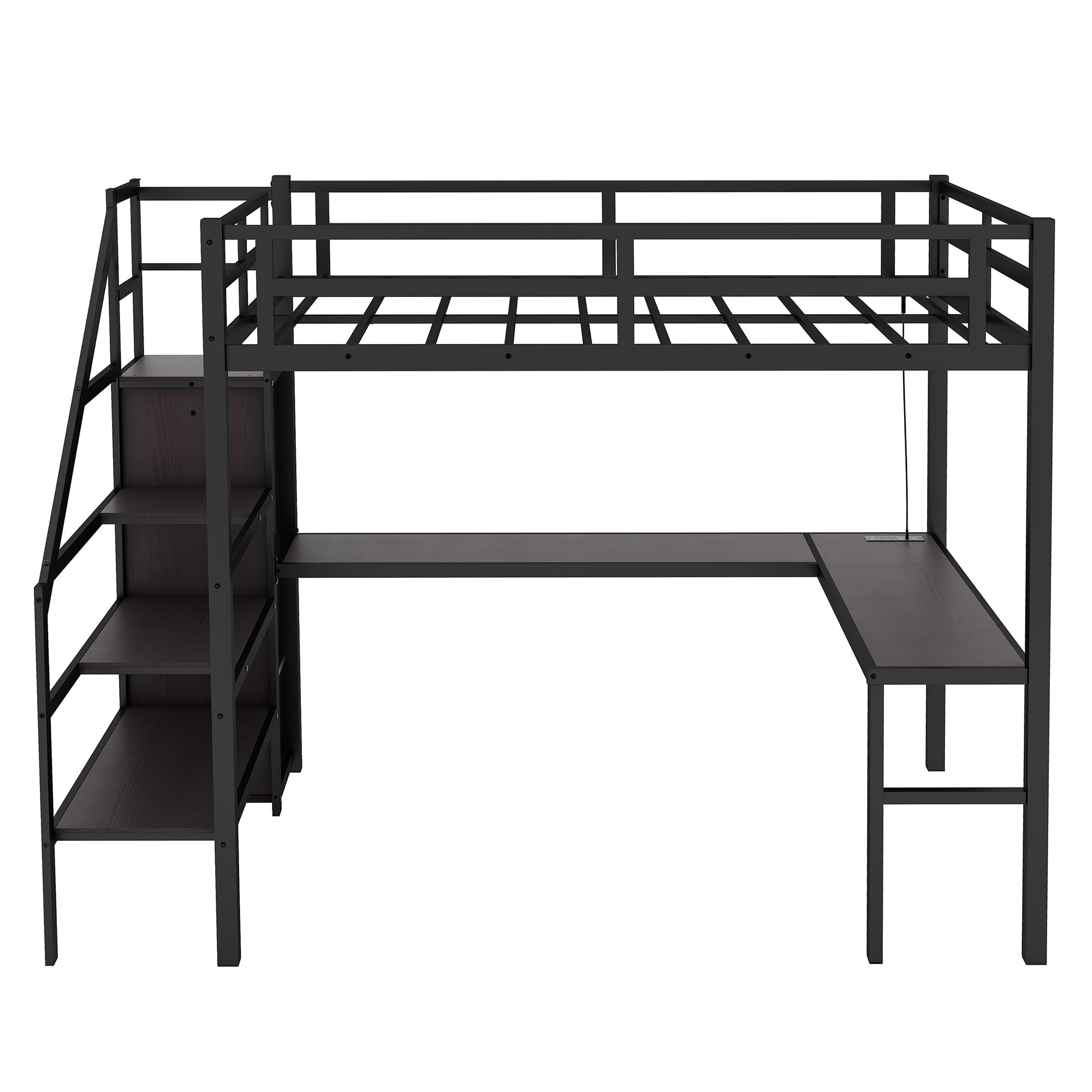 Aukfa Twin XL Loft Bed with L-Shaped Gaming Desk, Wardrobe, USB Ports & RGB Lights, Metal Loft Bed for Kids, Teens & Adults, Black