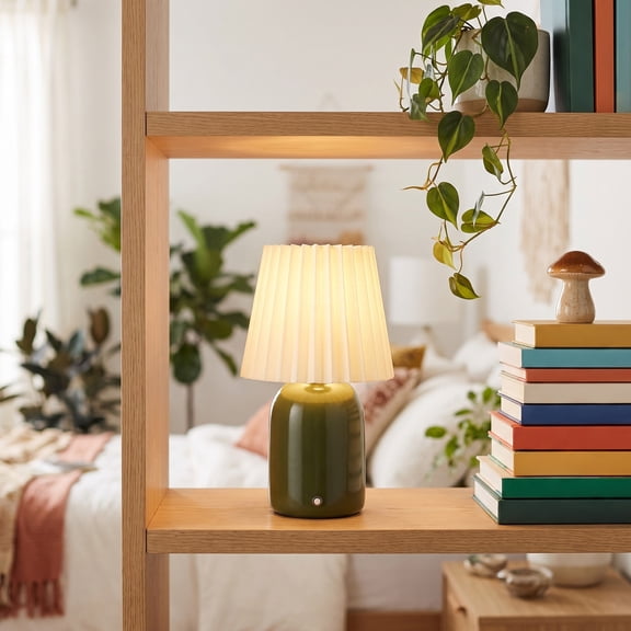 Mainstays 11 in Green Rechargeable LED Portable Table Lamp with Dimmable Touch Sensor and White Linen Shade