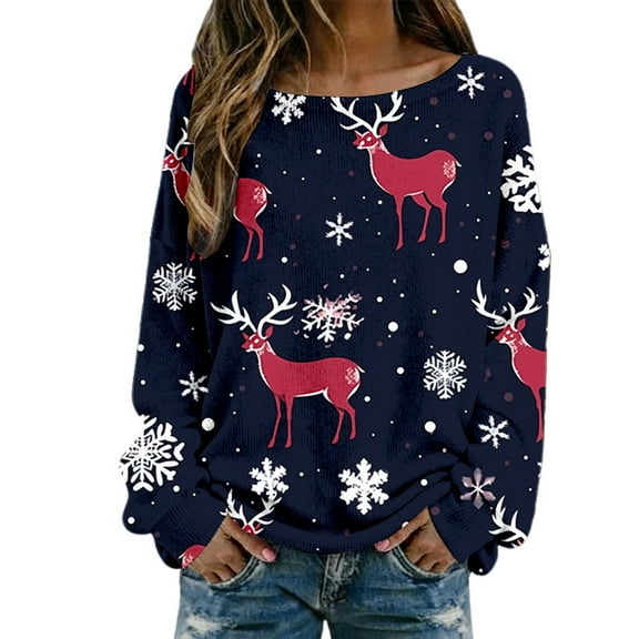Fiaer Christmas Womens Long Sleeve T Shirts Plus Size Loose Fit Knit Tops Reindeer Snowflake Loose Fit Funny Graphic Tshirts Navy XL