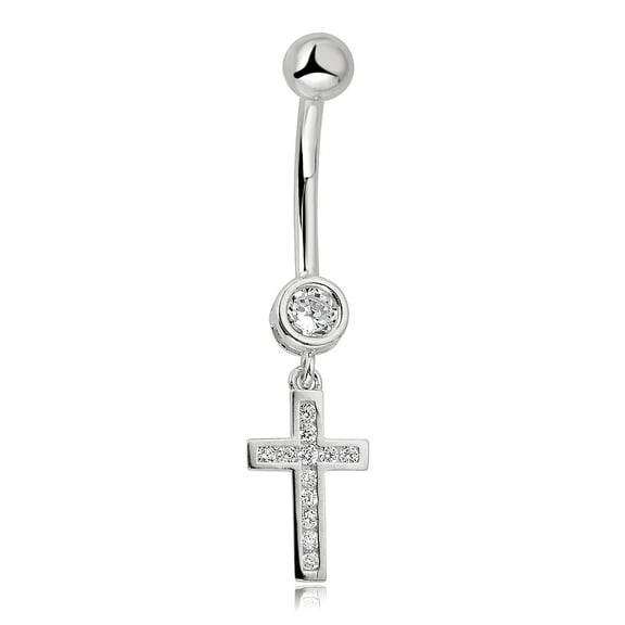AVORA 10K White Gold Simulated Diamond CZ Cross Dangling Belly Button Ring Body Jewelry (14 Gauge)