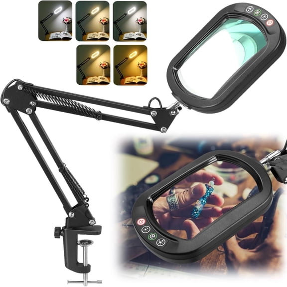 Rectangle Magnifying glass Lamp with Light and clamp - 5 Color Modes, Adjustable Brightness - Hands Free for Reading, Crafts, Painting