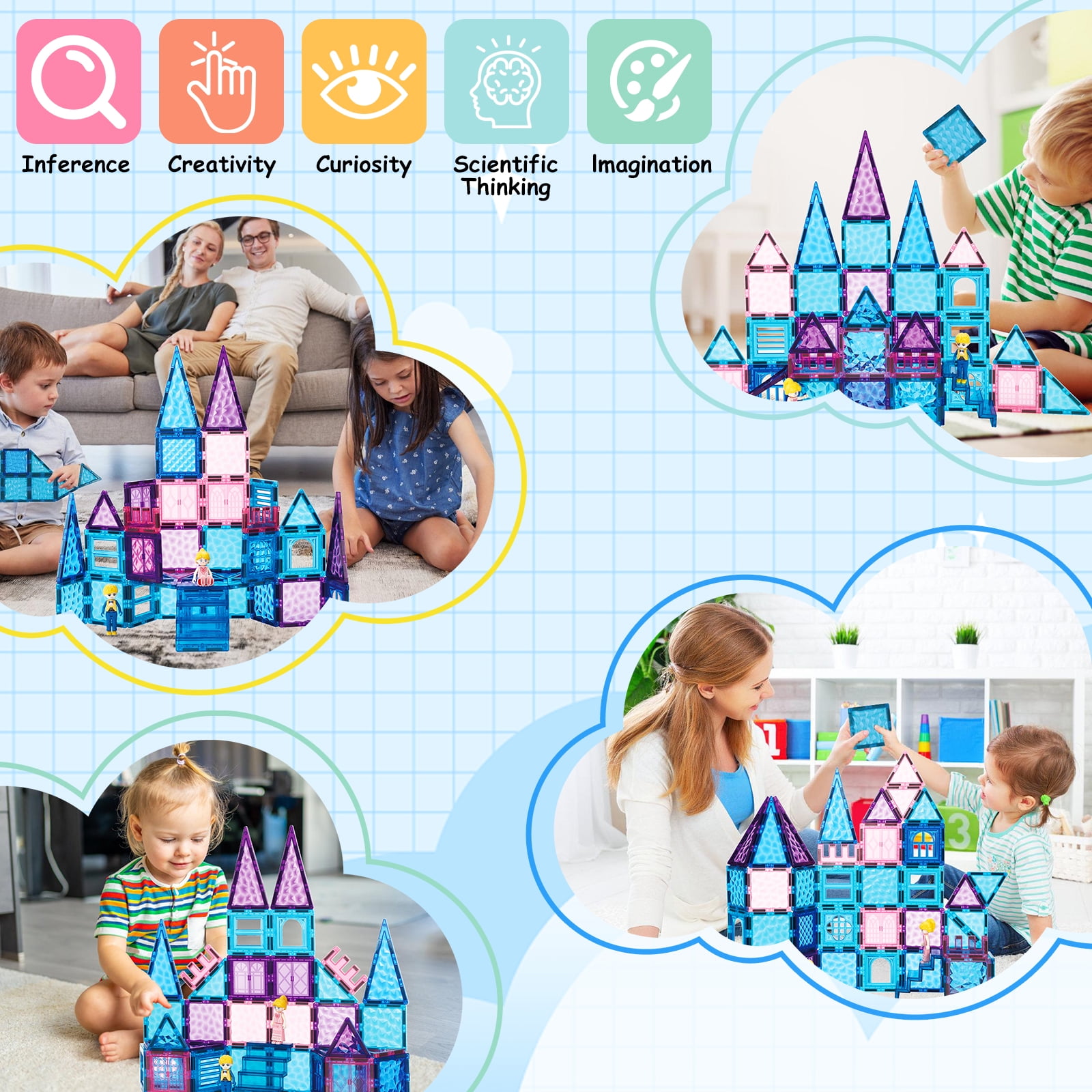 FunMagic Magnetic Tiles, Shining Sparkle Magnetic Toys for Girls 3D Diamond Magnetic Building Blocks with 2 Dolls, STEM Sensory Educational Toys for Toddlers Kids