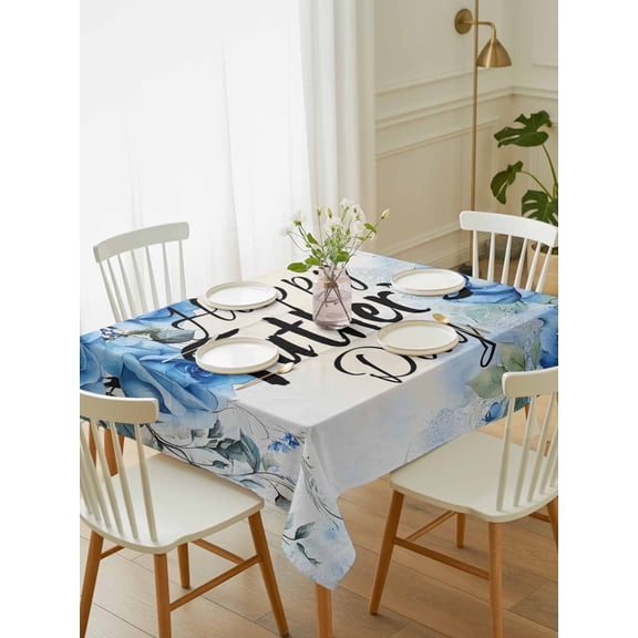 Happy Father's Day Tablecloth Rectangle Table Cloth 60x84, Waterproof Outdoor Table Cloth Covers Decorative Table Protector, Blue Spring Garden Floral Washable Table Cover for Kitchen Dinning Party