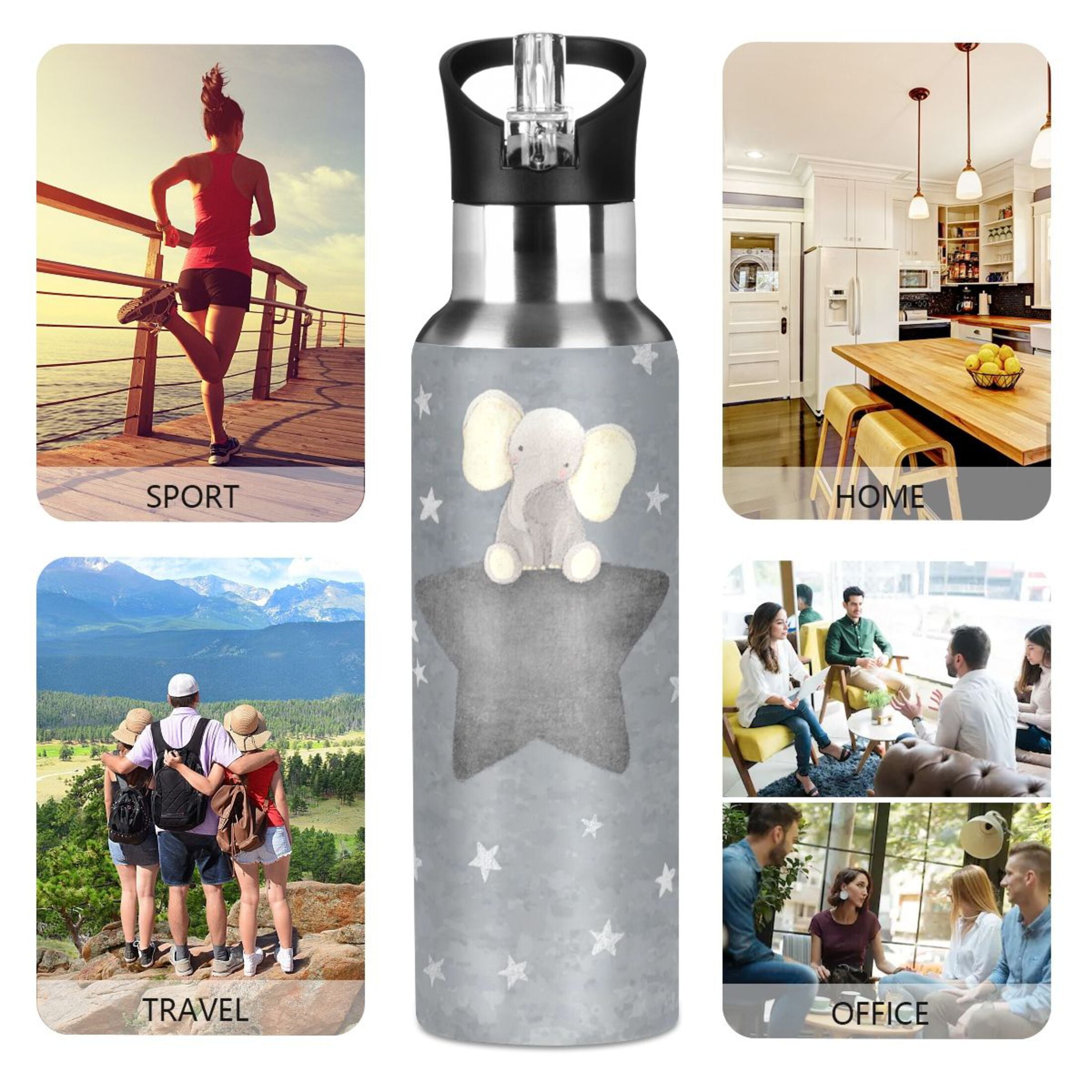 Iauyy Stainless Steel Double-Wall Vacuum Insulated Water Bottle with Straw-600ml&1000ml BPA-Free Leak-Proof for Travel Workouts Outdoor,Small and Grey