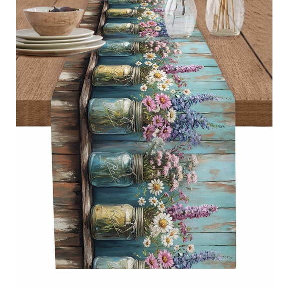 ERUNPONLY Lavender Daisy Table Runner - 36 Inch Long Vintage Purple Flower Bottle Plant Teal Cotton and Linen Blended Dress Scarves Farmhouse Table Runner for Kitchen Dining, Coffee Table, 13" x 36"
