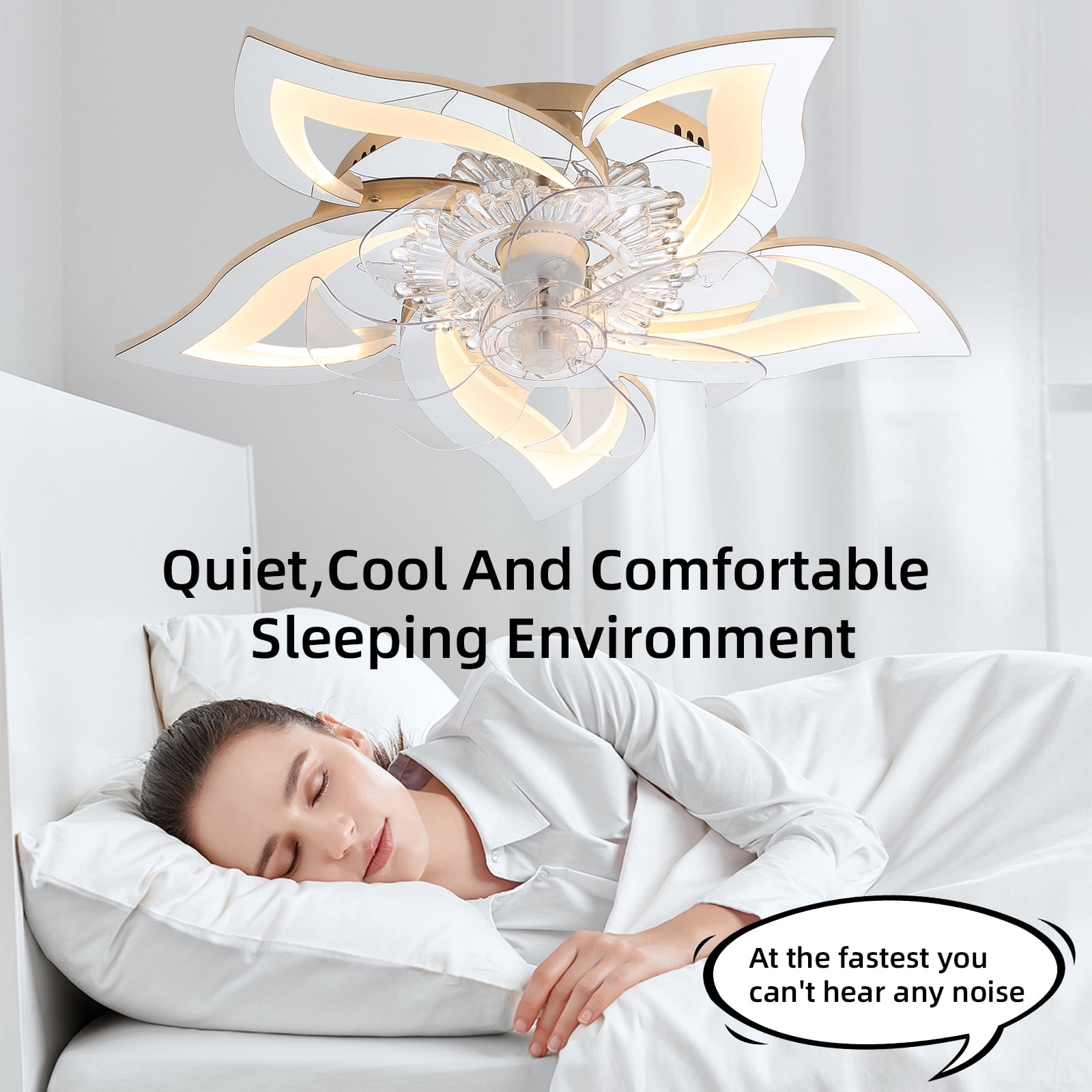 Eowynic 27 Inch Modern Ceiling Fan with Light, Remote Control, Flush Mount, DC Motor, 6 Speed, Flower-Shaped, Silver