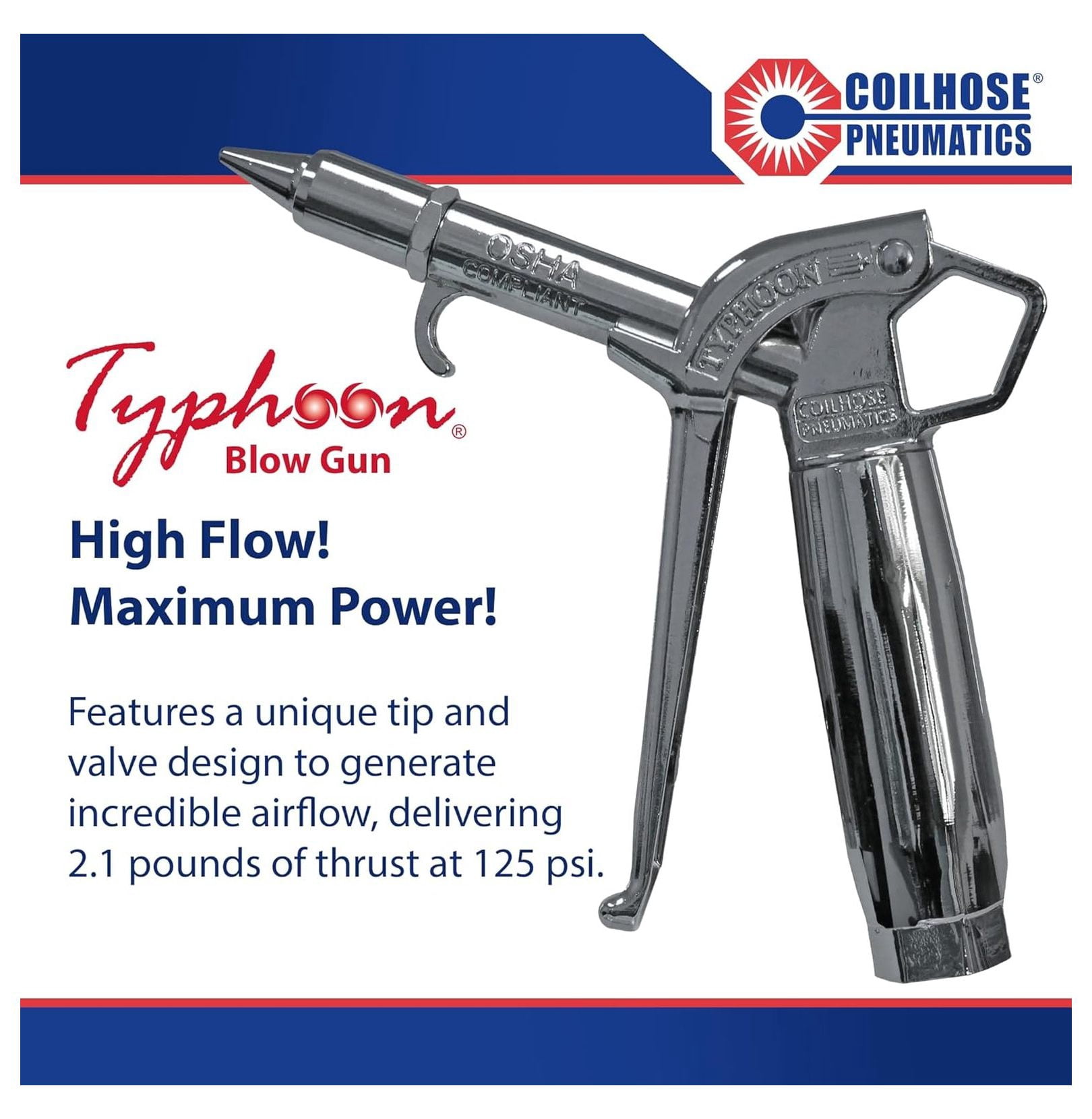 Blow Gun High Volume - 1/4 Inch NPT Plated Air Blow Gun, 34 CFM, 2.1 lbf Thrust, Variable Flow Control for Industrial Cleaning & Blow Off
