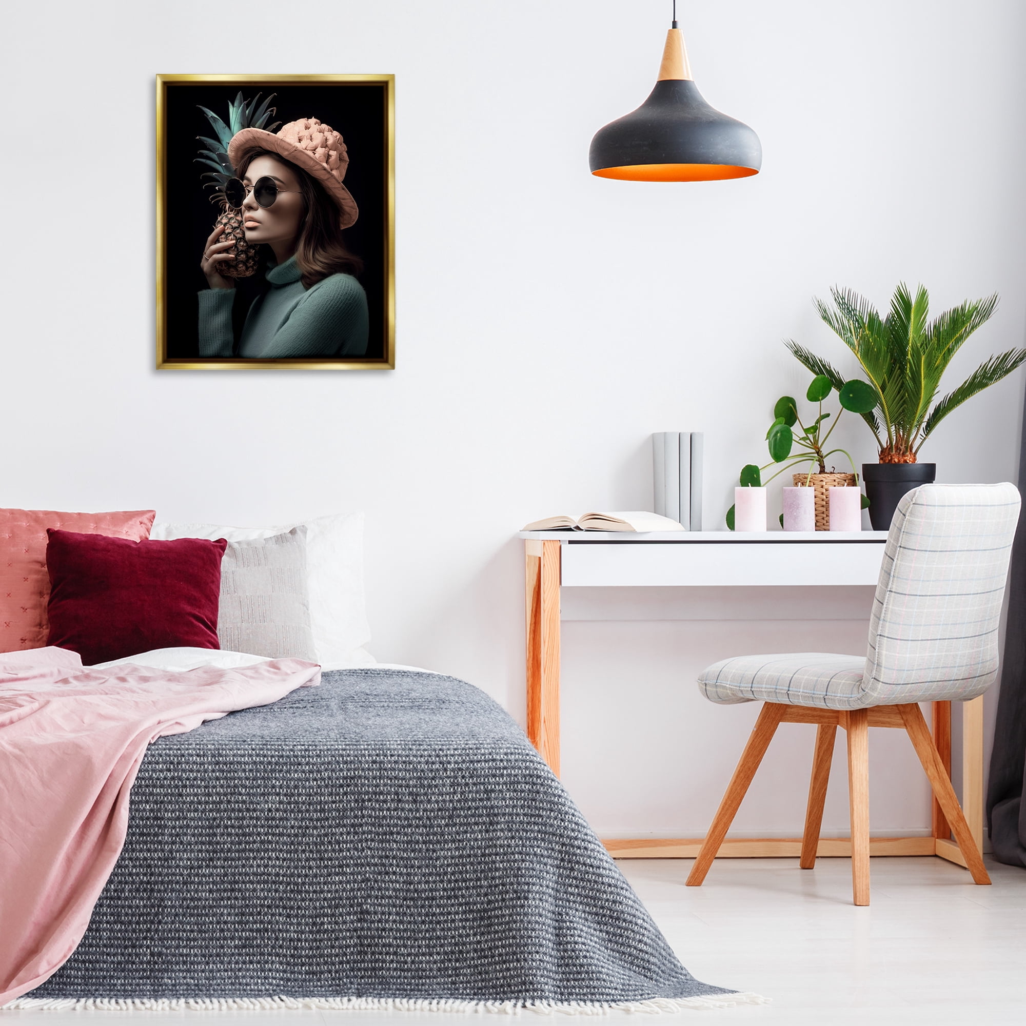 Stupell Industries Chic Girl with Pineapple Novelty Painting Gold Floater Framed Art Print Wall Art, 25 x 31