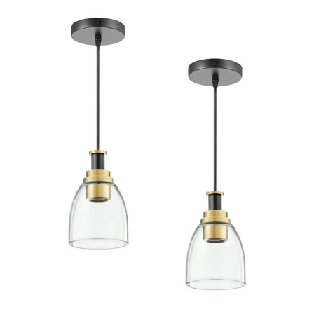 VEVOR 1-Light Pendant Light, 2 Pack, Kitchen Island Lights with Clear Glass Shade & Hanging Cord, Black and Gold Finish, Adjustable Height, Pendant Lighting for Bedroom, Hallway, Entryway, Kitchen