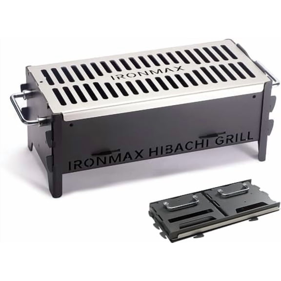 Portable Folding Hibachi Grill, Heavy Duty Charcoal & Wood-Burning Campfire Grill for Outdoor Cooking, Camping Yakitori,  & Backyard - 16" x 7.5" x 6.5"