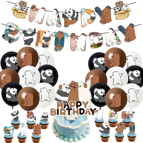 32Pcs/Set Cartoon Bare Bears Birthday Party Cake Toppers Cute Panda Happy Birthday Banner Grizzly IceBear Theme Latex Balloons Decoration Set