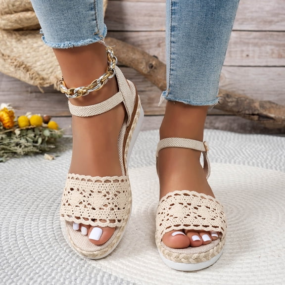 Women's Lightweight Crochet Lace Sandals, Adjustable Buckle Espadrille Wedge Heels, Open Toe Casual Summer Chunky Shoes for All-Day Comfort Beige 9