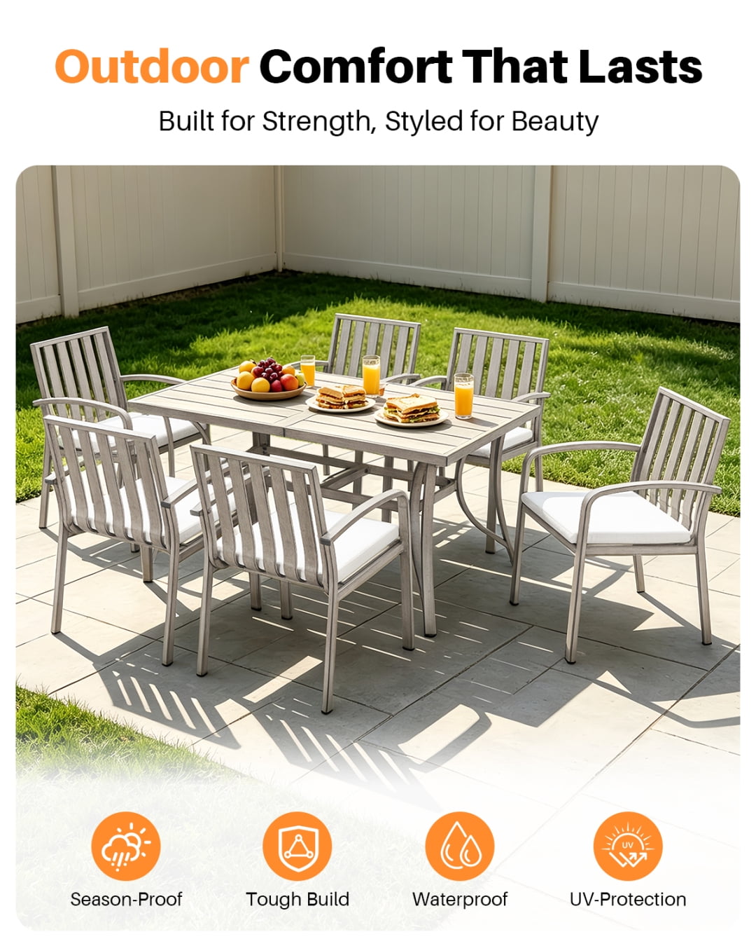 60" Outdoor Rectangle Dining Table for 6 with Umbrella Hole, Aluminum Sturdy Frame, Limed Oak