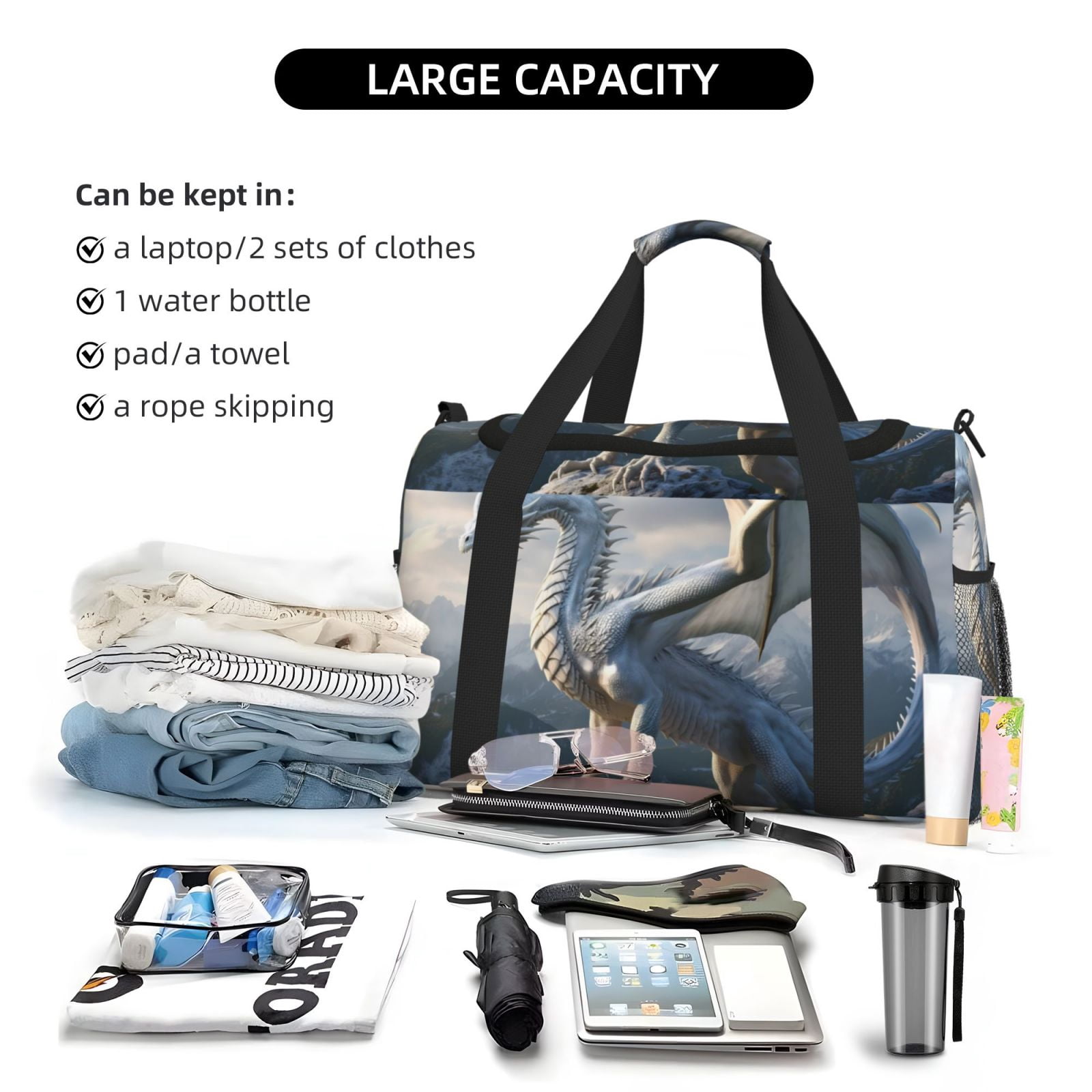 Fuzoiu Mountain White Dragon Print Travel Duffle Bag,Carry On Tote Bags,Duffel Bag,Sport Gym Bag, Hospital Bag for Labor and Delivery, Overnight Bag,Luggage Bag