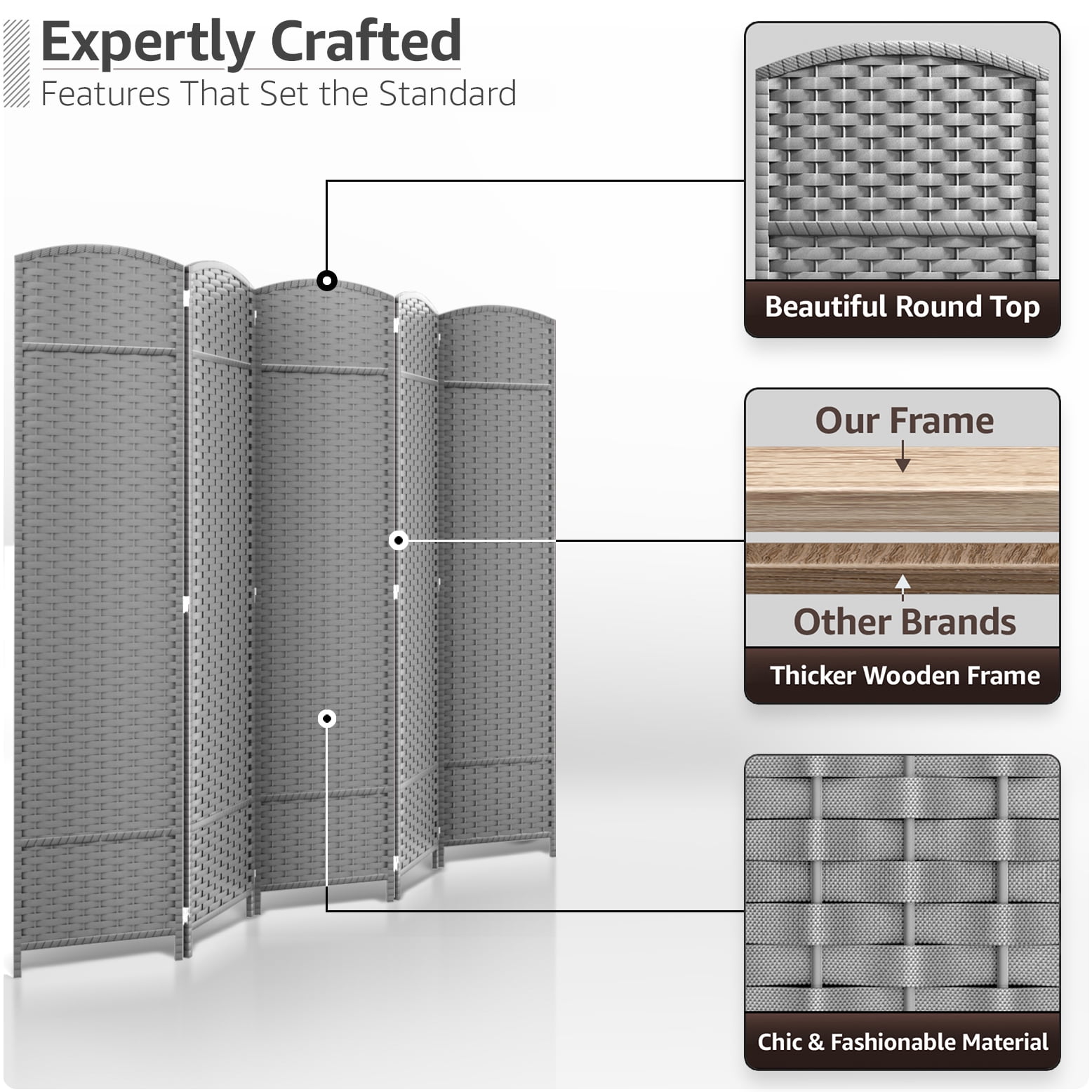 Sorbus 5-Panel Wide Folding Room Divider Privacy Screen, Hand-Woven Lt. Gray Mesh