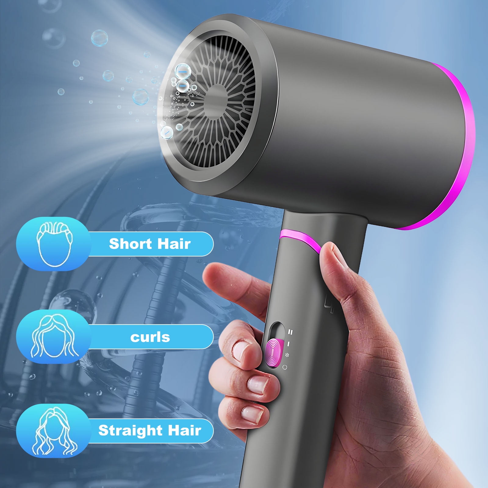 Rirool 1800W Ionic Hair Dryer with Diffuser, 2 Speed & 3 Heat Settings, Foldable Travel Blow Dryer, Frizz Control & Constant Temperature, Lightweight for Curly/Straight Hair, Crimson Purple