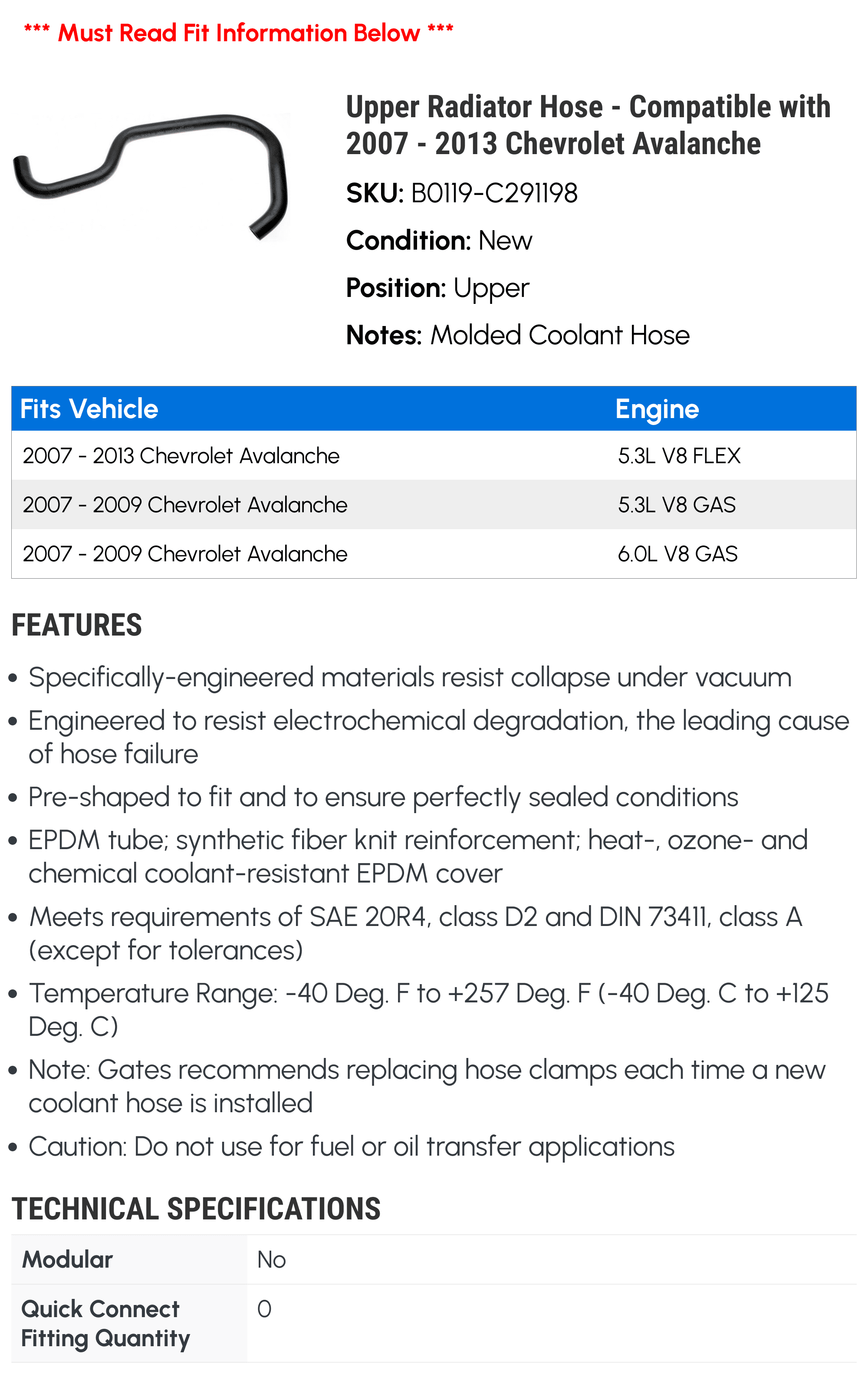 Upper Radiator Hose - Compatible with 2007 - 2013 Chevy Avalanche 2008 2009 2010 2011 2012