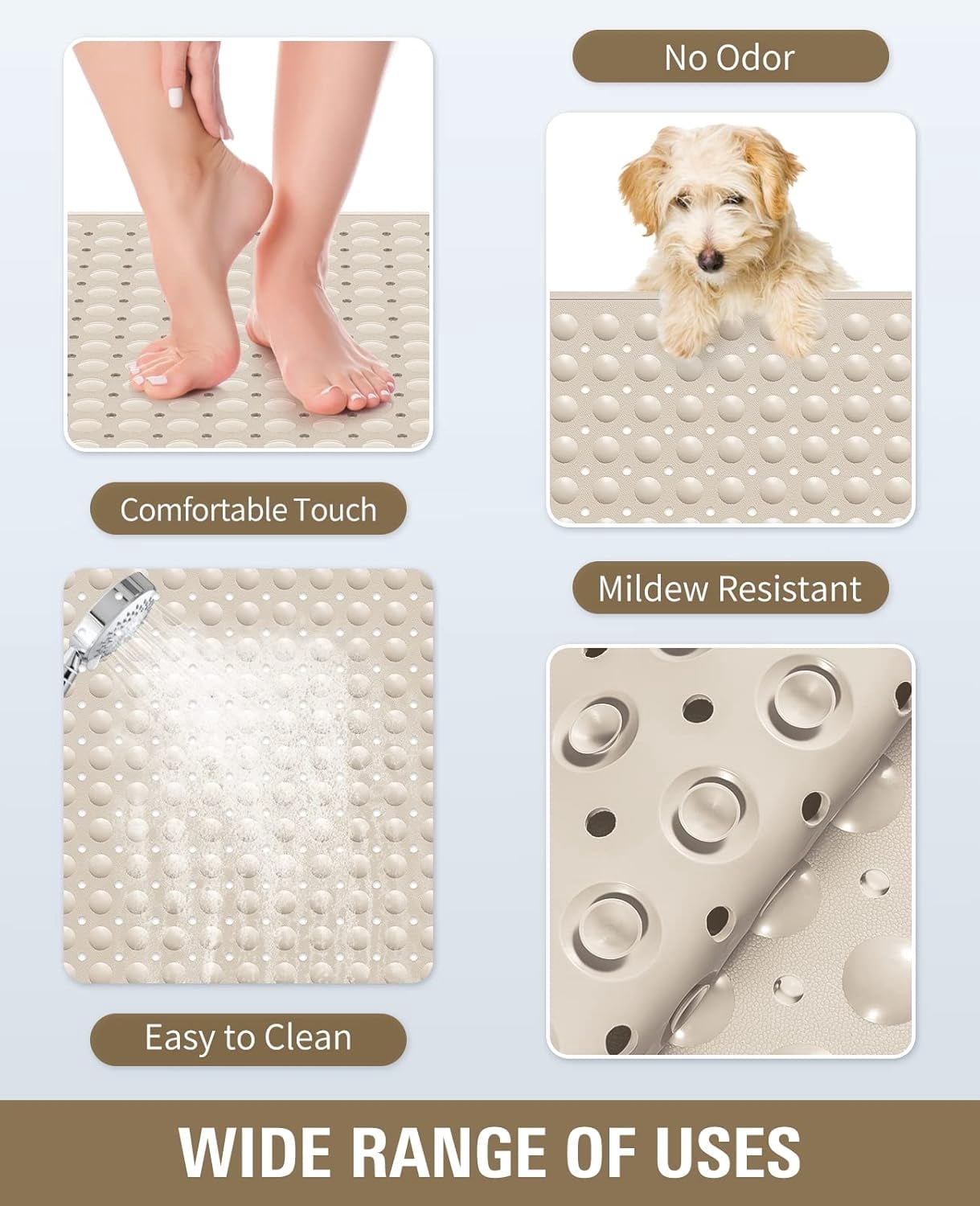Yolife Shower Mat 31.5"x31.5" - TPE Non-Slip Bath Mat/Suction Cups & Drain Holes, Heavy Duty for Shower Stall, Odor-Free,Beige