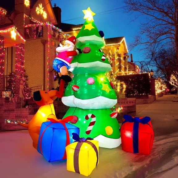 Toiyjofe 7FT Christmas Inflatable Tree with Rotating Snowflake Lights and LEDs, Blow up Holiday Decoration for Indoor Outdoor Yard