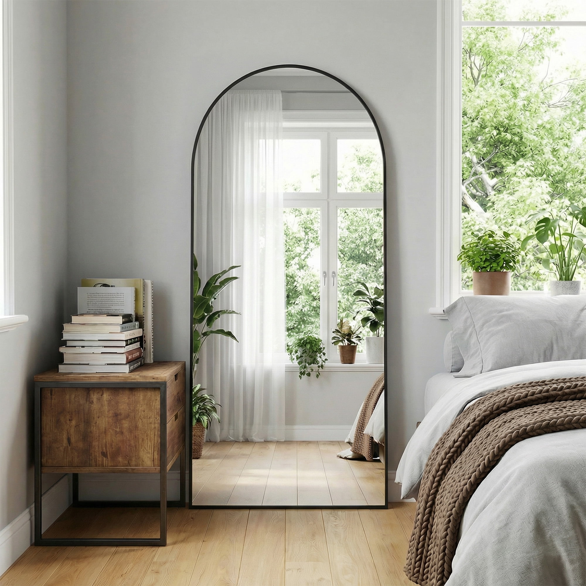 MAYEERTY 71x32in Oversized Full Length Mirror, Arched Decorative Dressing Floor Mirror with Bracket, Black