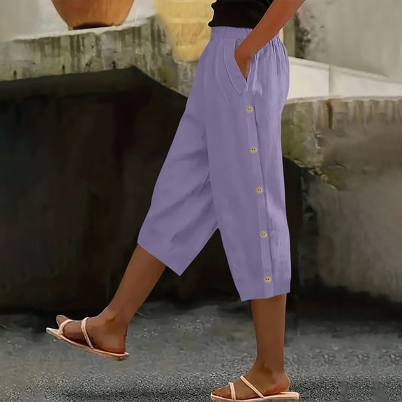 Capri Pants for Women Cotton Linen Drawstring Elastic Waist Capris Lightweight Hiking Pants with Pocket