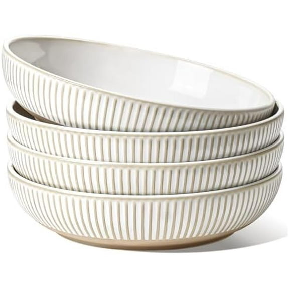 Pasta Bowls 42oz, Large Salad Bowl, Ceramic Embossment Stoneware Serving Plate for Fruits, Noodle, Dinner, House-warming Wedding Present - 9 Inch, Set of 4, Arctic White