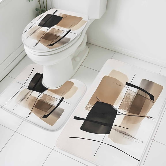 Black Beige Color Block Bathroom Rugs Set Abstract Modern Boho Non Slip Absorbent Soft Bath Mats 3 Piece Set with Bathroom Rug, U-Shaped Floor Mat, Toilet Seat Cover Small Size