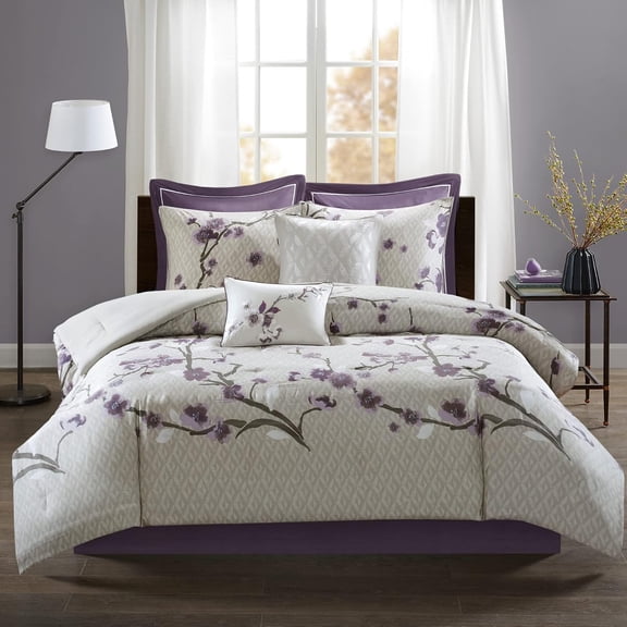 Madison Park King Size 8 Piece Cotton Comforter Set Purple,Bed in a Bag,All Season Bed Set,Cozy and Lightweight