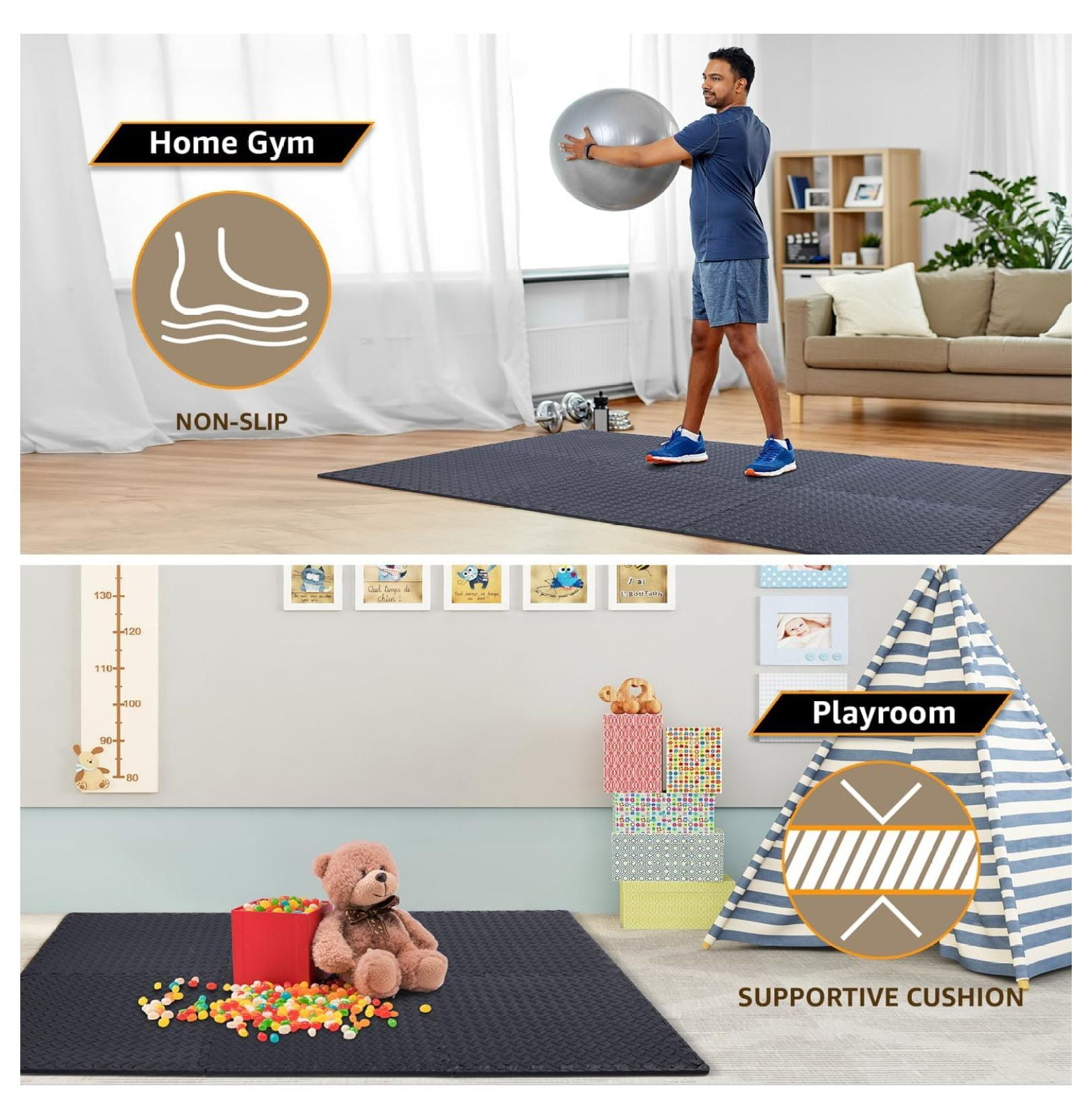 12 Pack, SQFT - 24" x 24" - 1/2" Extra Thick Floor for Home Gym or Floor Padding - High-Density Interlocking Foam Floor Tiles for Gym Equipment, Play Area | Yoga, Cardio, Weights