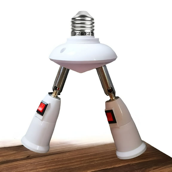 HIBIBUD 2-in-1 Light Socket Extender,E26/E27 to 2 Bulb Adapter with Adjustable Arms,360° Rotatable for Ceiling Fan/Lamp Holder,Extension Splitter with Power Switch (White)