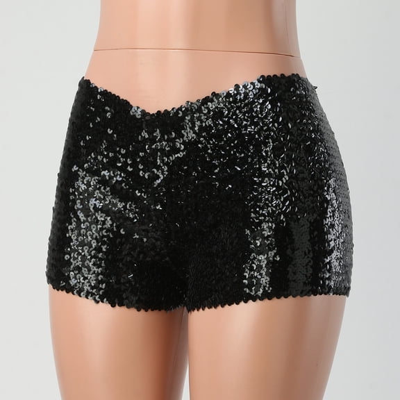 Letdown Women's Sequin Performance Shorts, Slim Fit Mini Stage Shorts for Dance, Shows and Events (Black,L)