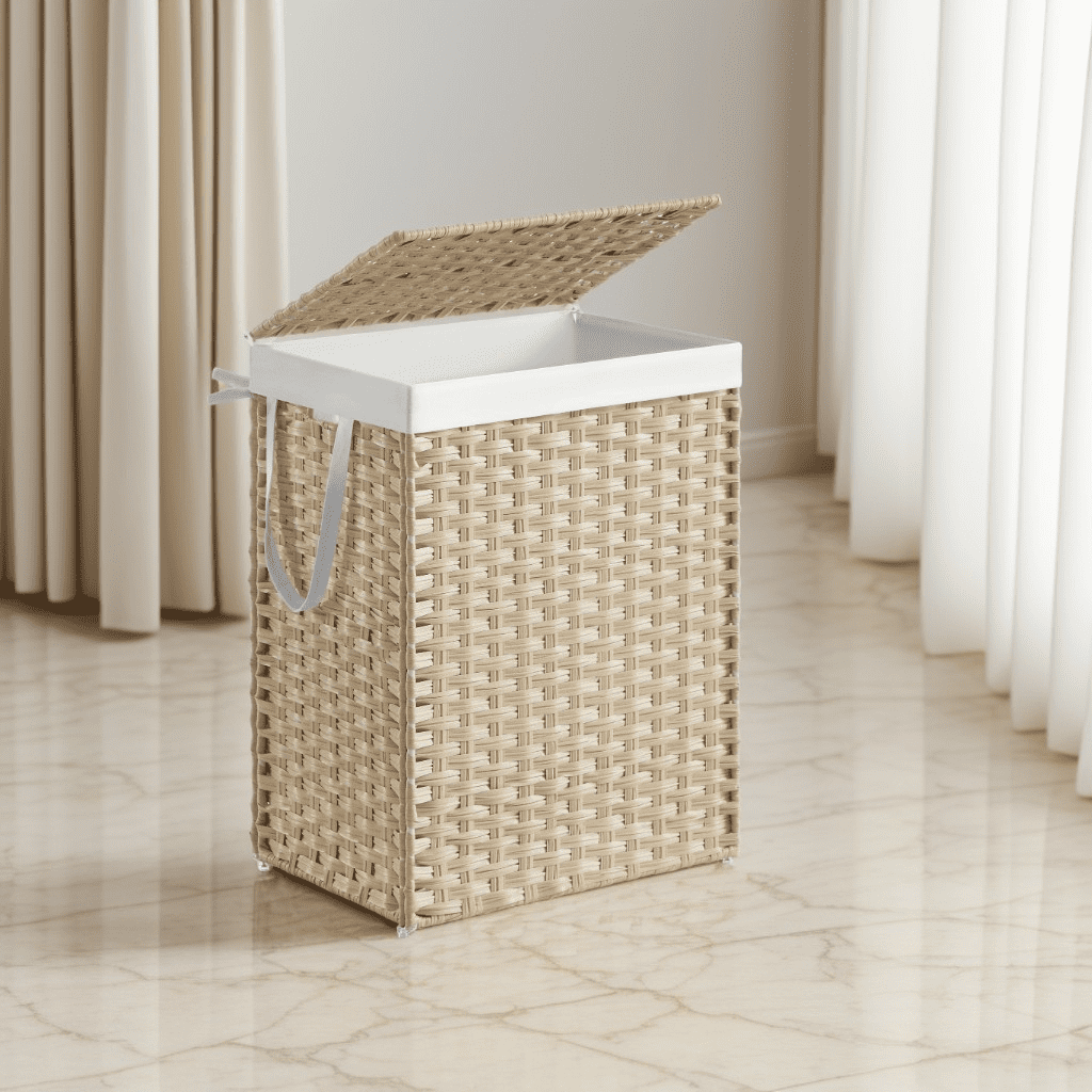 LEDREM Laundry Hamper with Lid, 23.8 Gallon Large Clothes Basket with Handles & Removable Liner, Synthetic Rattan with Metal Frame, Foldable & Ventilated, Summer Sand