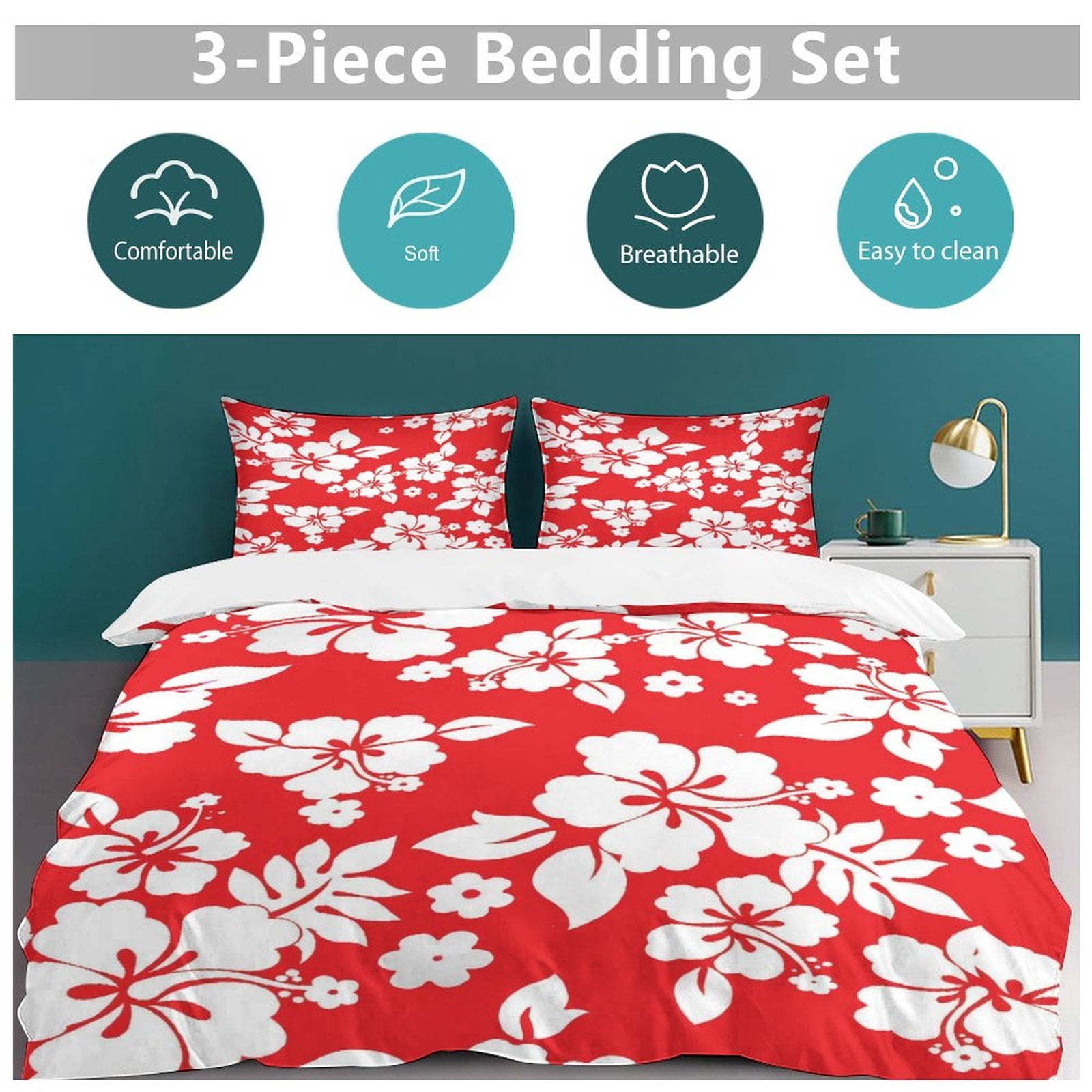 Red with White Hibiscus Hawaiian Flower Pattern (2) Duvet Cover Set Bedding Set Polyester Quilt Cover for Bedroom Decoration