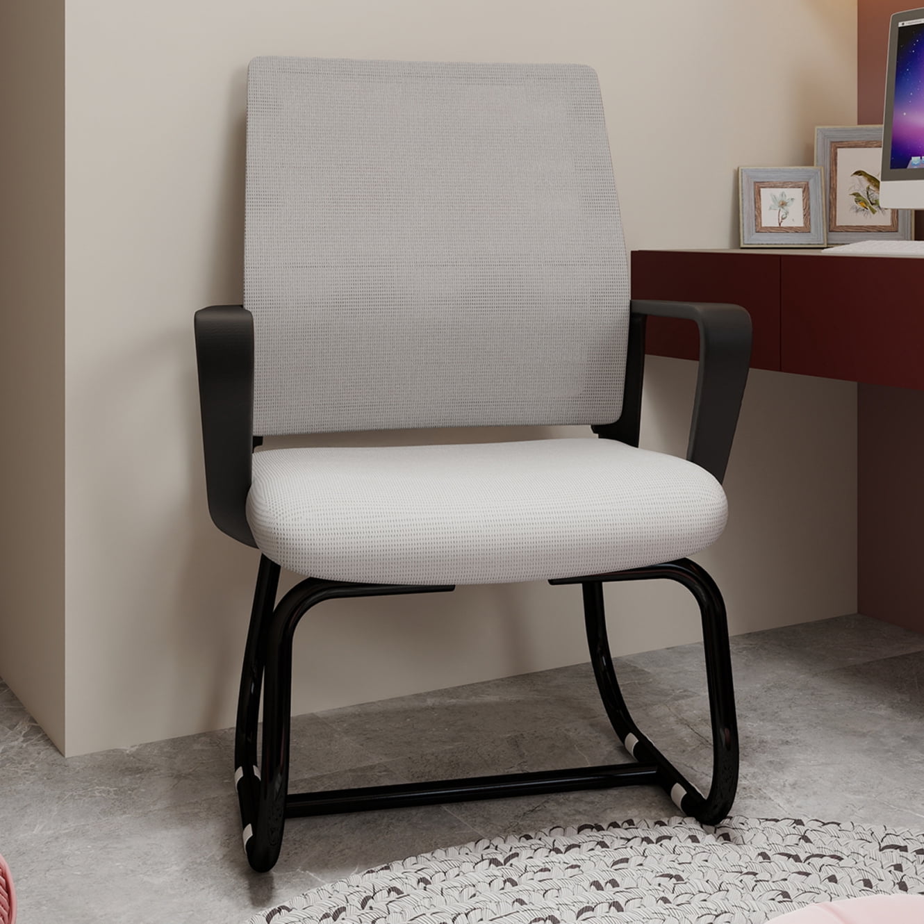 Modern Office Chair No Wheels, Ergonomic Study Chair with Handrail and Steel Legs, Comfy Home Office Desk Chairs with Ultra Thick Cushion, Black+ Gray