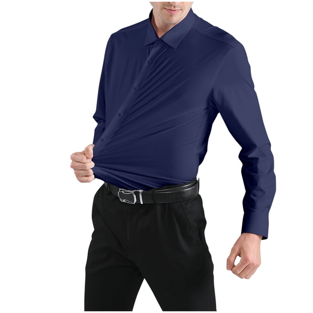 Blusa y camisa de manga larga con cuello vuelto para hombre, informal, de moda, de tela elástica lisa, con botones y cuello vuelto, camisa de poliéster para hombre