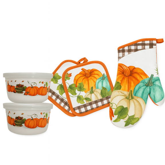 Fall Pumpkin Kitchen Set –  Oven Mitt s Pot Holder   2 Plastic Storage Bowls Autumn Harvest Design    Fall Cooking, Baking & Thanksgiving Décor