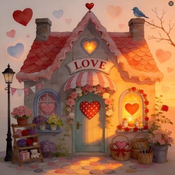 Cute Love Cottage 5D Diamond Painting Kits for Adults,Diamond Art Valentine's Day Painting Kits for Beginners DIY Round Drill Art Craft Kits for Home Wall Decor 16x24 Inch
