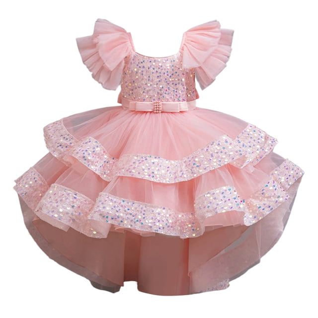 HXWCHs Robe Ceinturée Élégante Robe Formelle pour Filles avec Train Détachable Robe de Concours Fête Mariage Récital Rose Clair 5-6 Ans