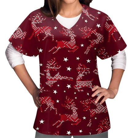 

Christmas Scrub_top for Women Short Sleeve V-Neck Santa Claus Snowmen Print Working Uniforms Xmas Holiday Tops Shirt