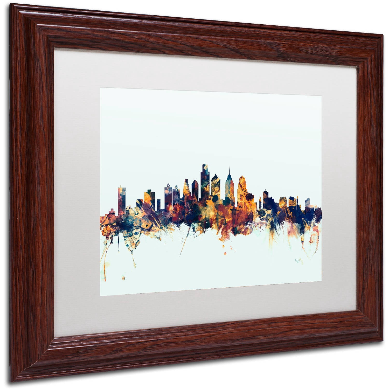 Trademark Fine Art "Philadelphia PA Skyline Blue" Canvas Art by Michael Tompsett, White Matte, Wood Frame