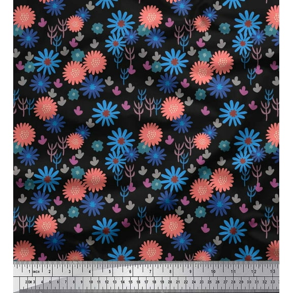 Soimoi Black Cotton Duck Fabric Leaves & Aster Floral Print Fabric by the Yard 42 Inch Wide