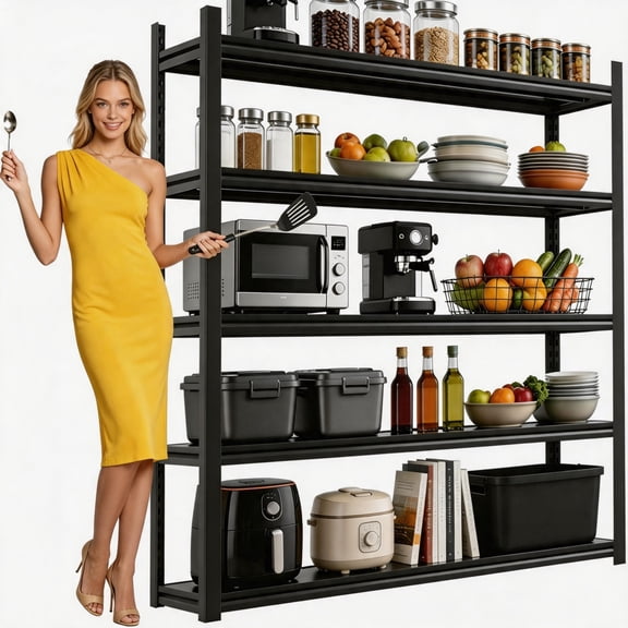 72"H Black Tall Garage Shelf, 5 Tier 40"W Shelving, 16"D Adjustable Storage Shelves, 3000LBS Heavy Duty Steel Rack, Bolt-Free Industrial Shelves for Home Factory Workshop & Commercial Storage