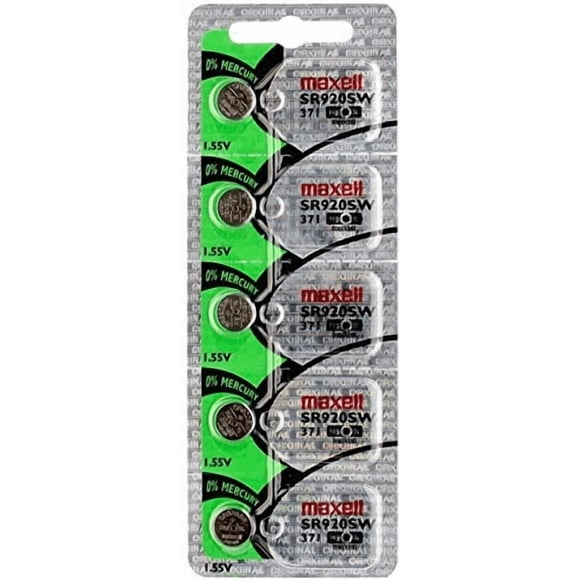 Maxell Hologram SR920SW (371) 1.55 Volt Silver Oxide Watch Battery, On Tear Strip (Pack of 5)