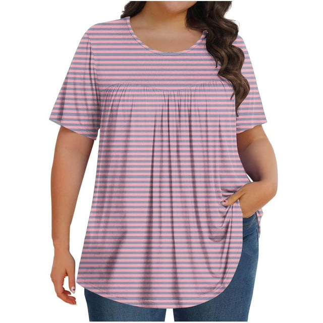 Olyvenn Hauts Grande Taille pour Femmes Chemises d'Été Basiques Manches Courtes Col Rond Tunique Décontractée Ample T-Shirts Graphiques Rayés de Plage Rose G