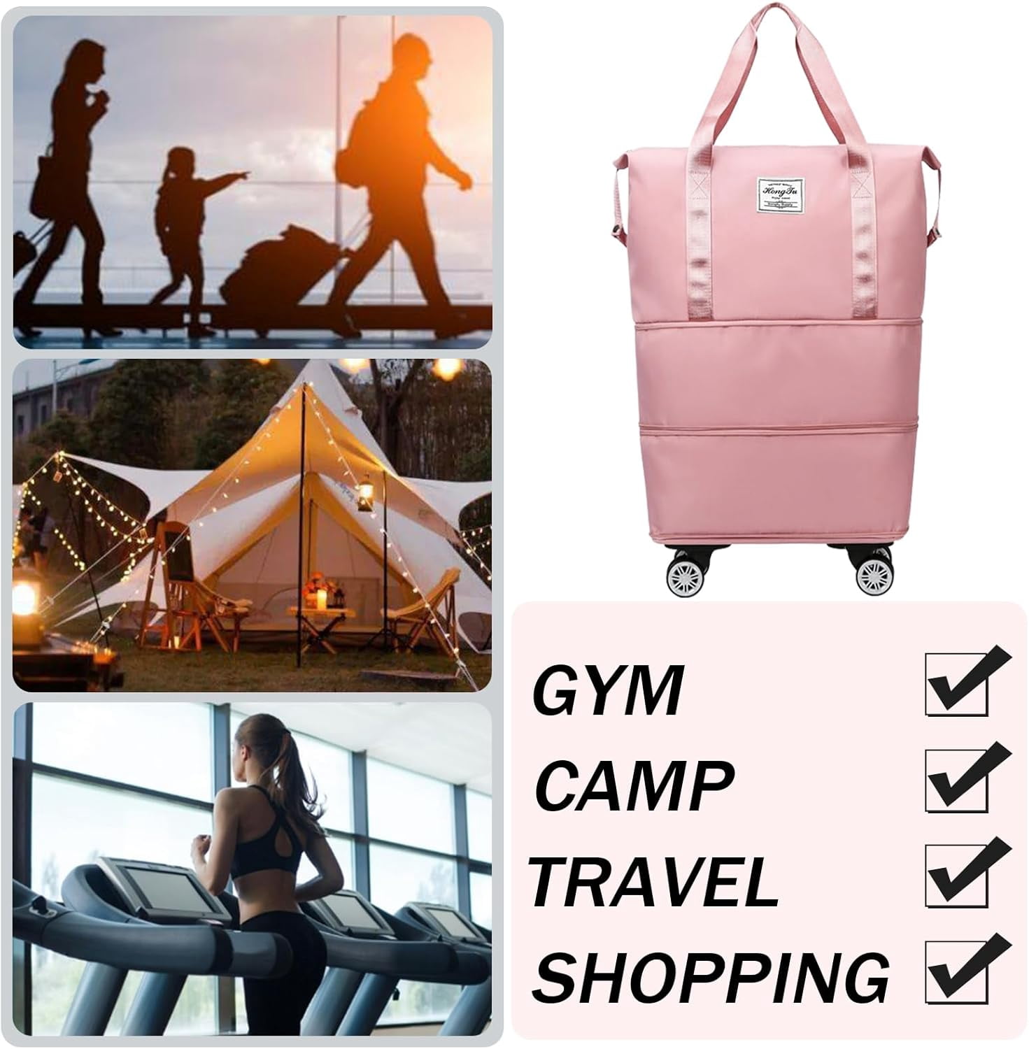 Travel Bag,Folding Expandable Suitcase with Wheels, Weekender Travel Bag for Carry-On, Tote Bag with Storage Space，Large luggage bag for Business Trips, Camping, Short Trips, Fitness